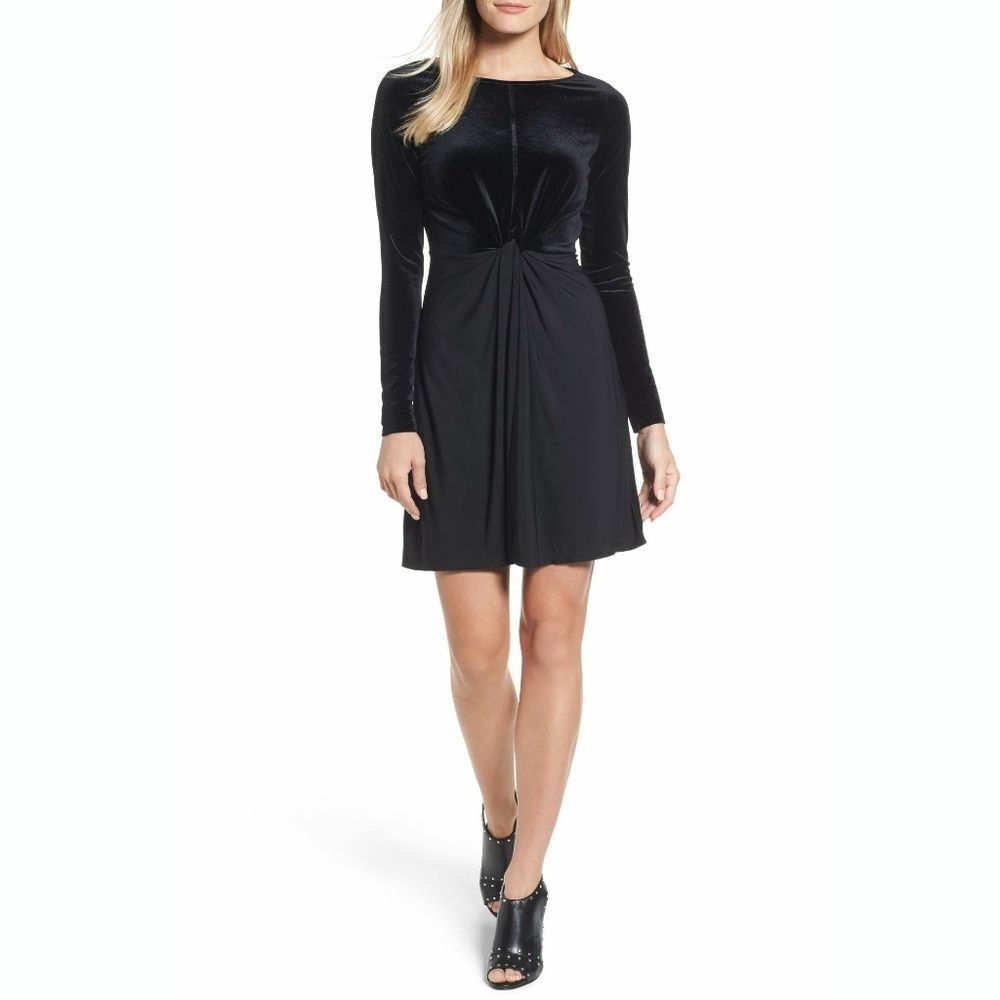 New! MICHAEL KORS Women's Velvet-Top Twist-Front Black Dress Long Sleeve Small